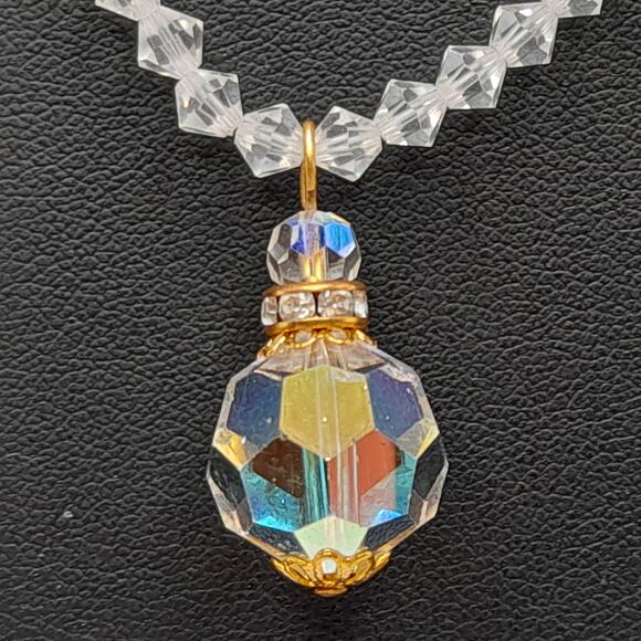Vintage 1960s Crystal Faceted Pendant Necklace, AB Rhinestone Box Clasp, 17 Inch - Picture 5 of 11